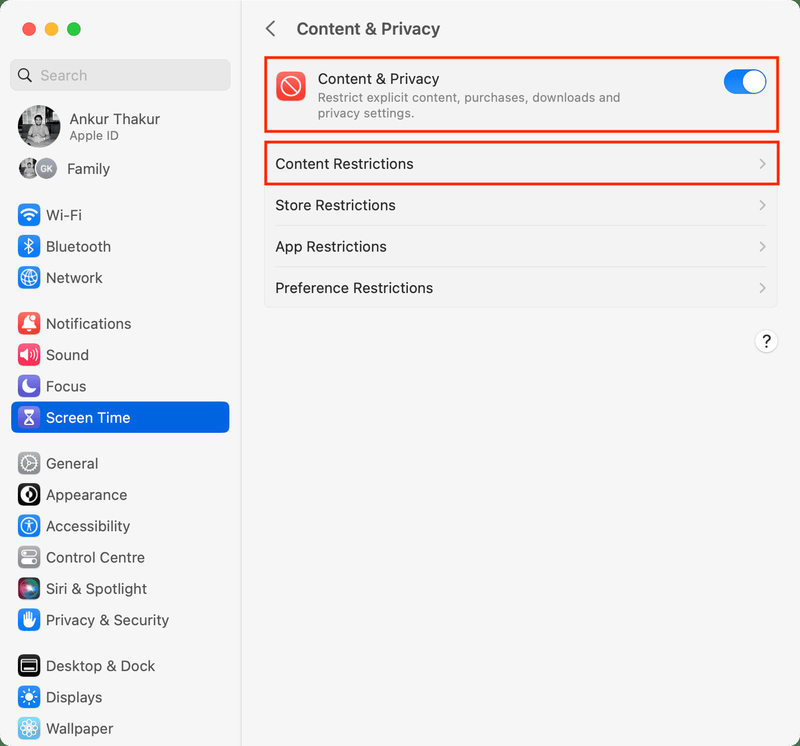 Content and Privacy restrictions enabled on Mac