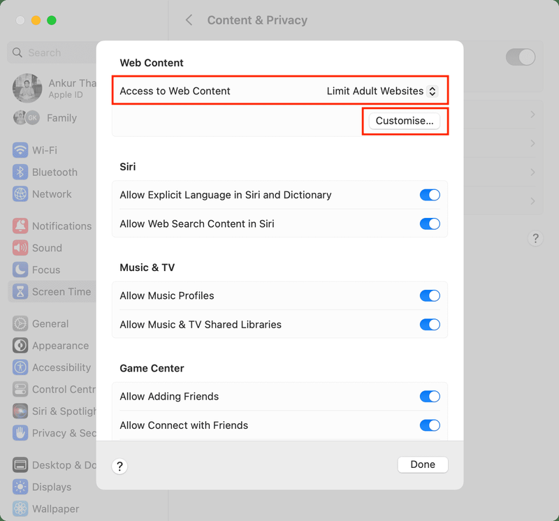 Limit Adult Websites in Mac System Settings
