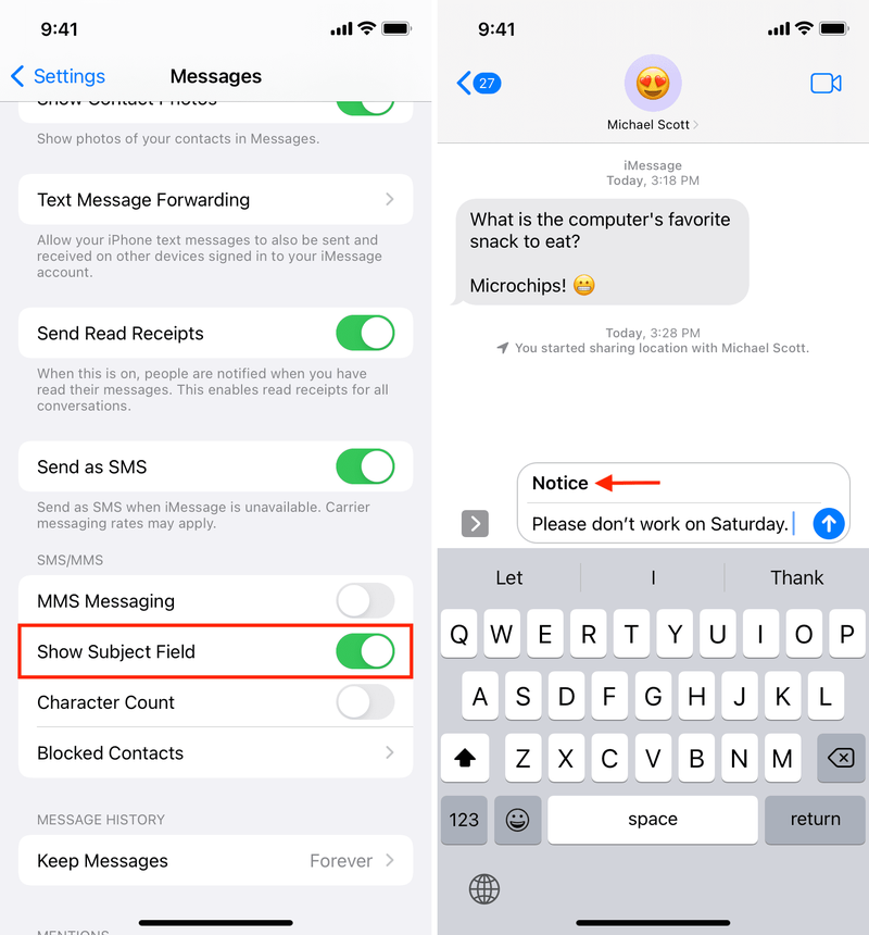 Afficher le champ Objet pour écrire iMessage en gras