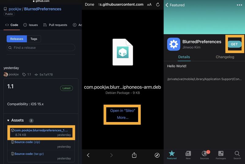 Sileo steps to install BlurredPreferences.