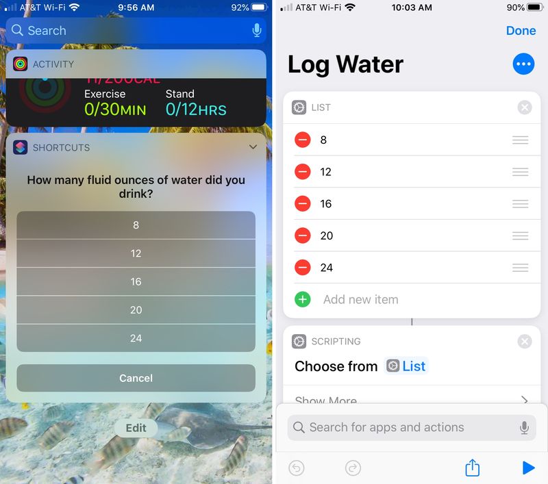 Raccourcis Widget Journal Eau iPhone