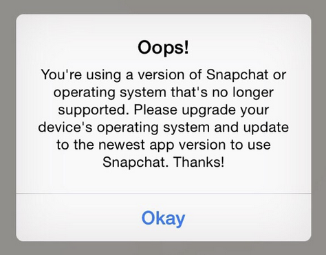 Snapchat upgrade message jailbreakers