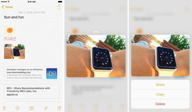 iOS 9 Notes 3D Touch aperçu des pièces jointes capture d
