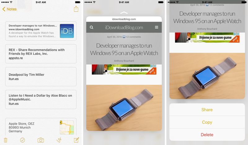 iOS 9 Notes 3D Touch Aperçu des pièces jointes Capture d