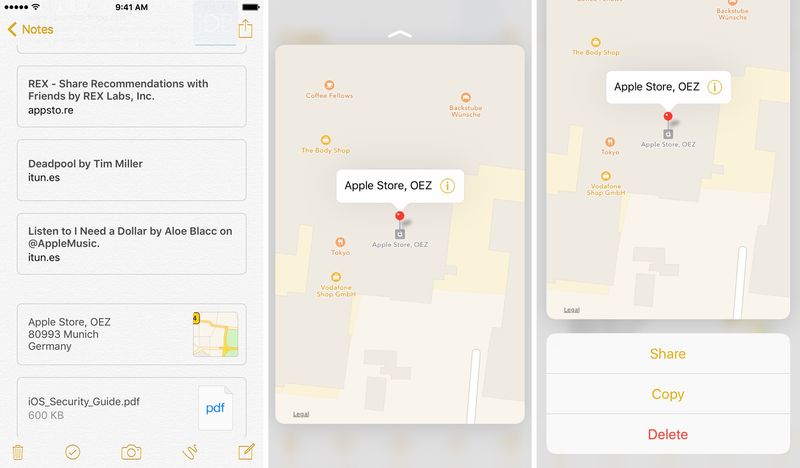 iOS 9 Remarques 3D Touch Aperçu des pièces jointes Capture d