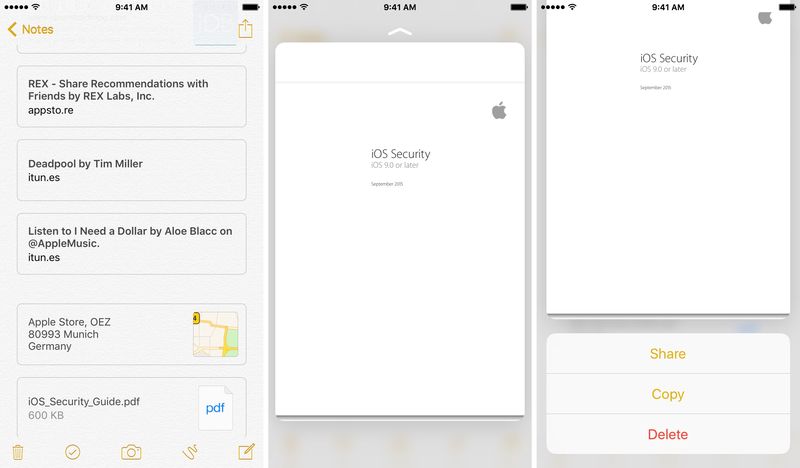 iOS 9 Notes 3D Touch Aperçu des pièces jointes Capture d