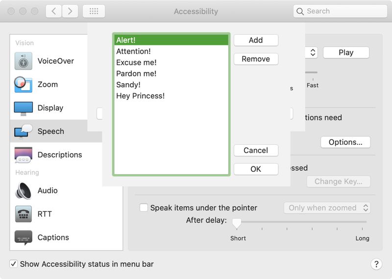 Mac Enable Announcements Phrase List