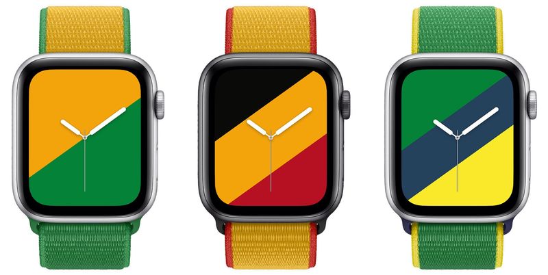 A promotional image provided by Apple showing a new International Collection bands for Australia, Belgium and Brazil on Apple Watch