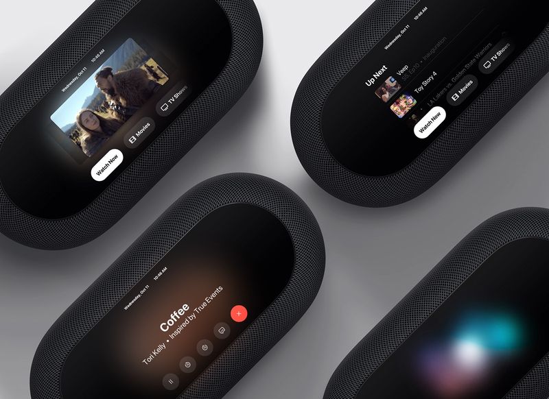 A conceptual rendering depicting an Apple-branded soundbar providing some of the features of the Apple TV and HomePod, with a built-in display