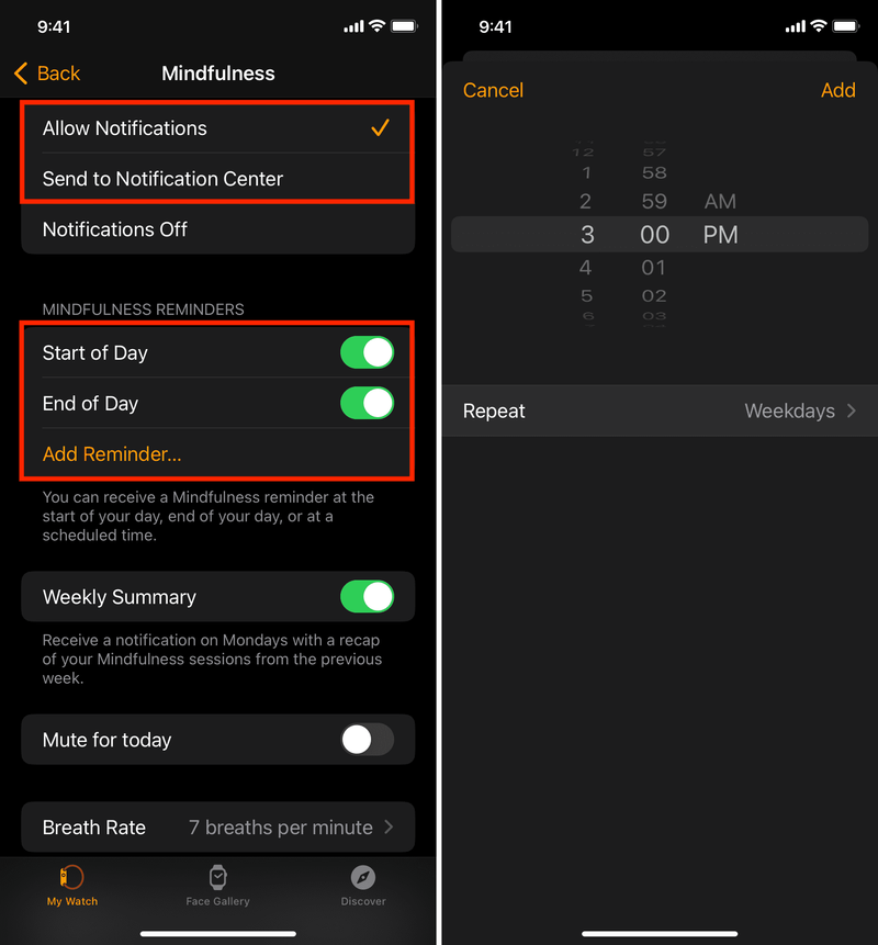 Activer les notifications de pleine conscience pour Apple Watch