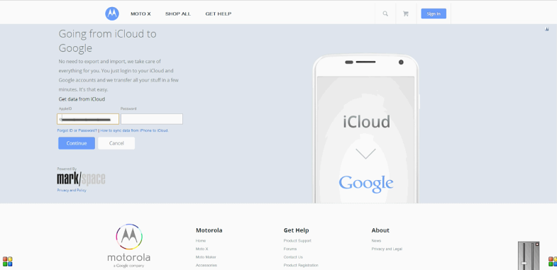 Motorola iCloud migration tool (web screenshot 001)