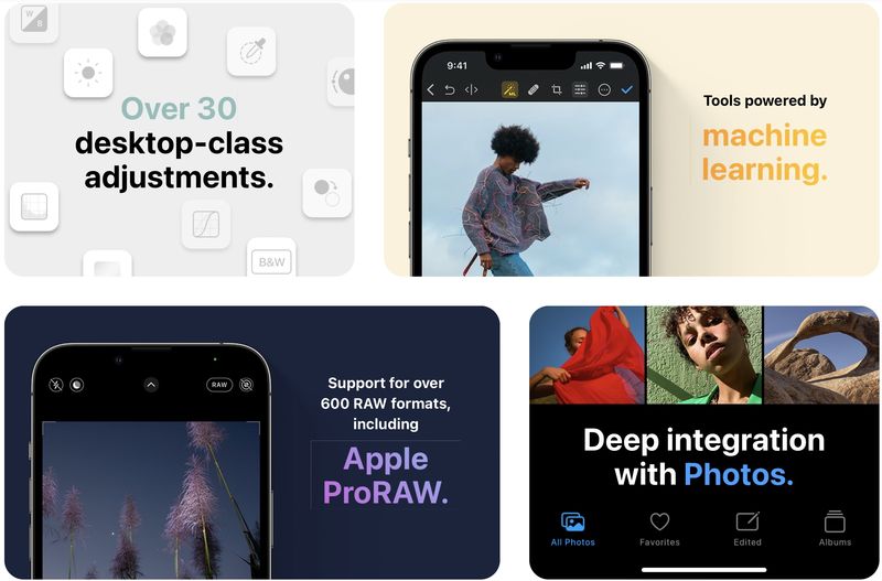 Marketing image highlighting some of the features in the Pixelmator Photo iPhone image editor