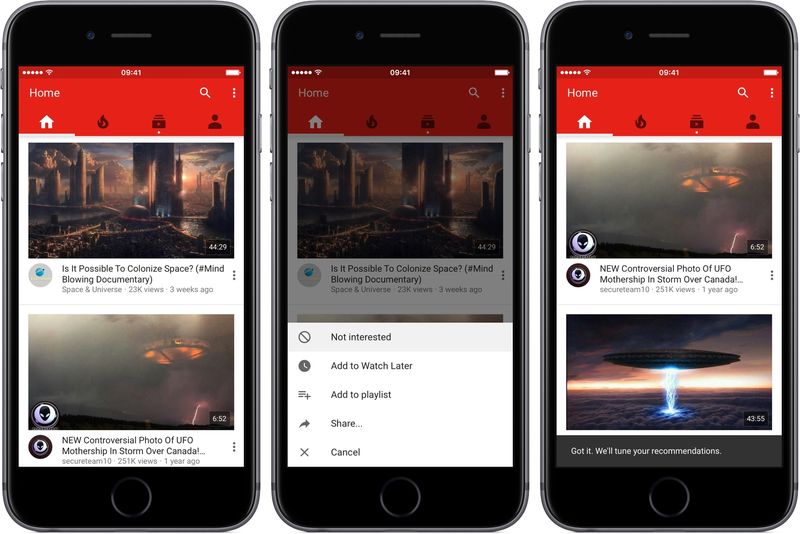 YouTube 13.12 for iOS Recommended Videos Not Interested space gray iPhone screenshot 001
