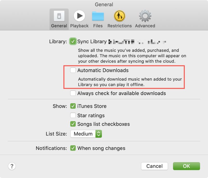 Uncheck Automatic Downloads Music Mac