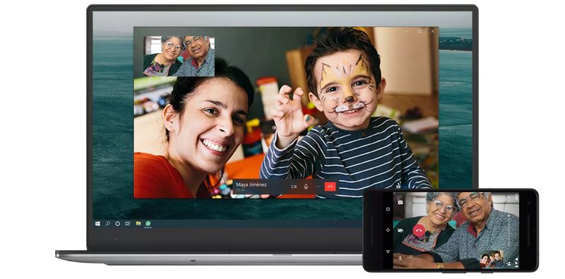 A promotional image demonstrating voice and video calls on WhatsApp Desktop