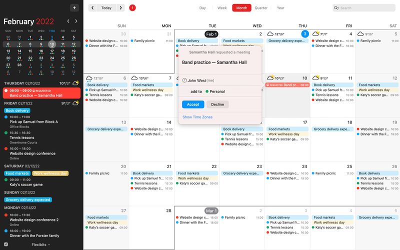 A Mac screenshot showcasing the Openings feature in Fantastical for macOS, with a popup displayed when someone requests a meeting