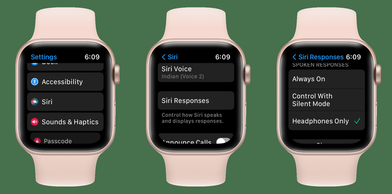 Siri Responses settings on Apple Watch