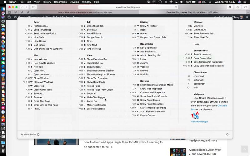 Raccourcis CheatSheet Safari