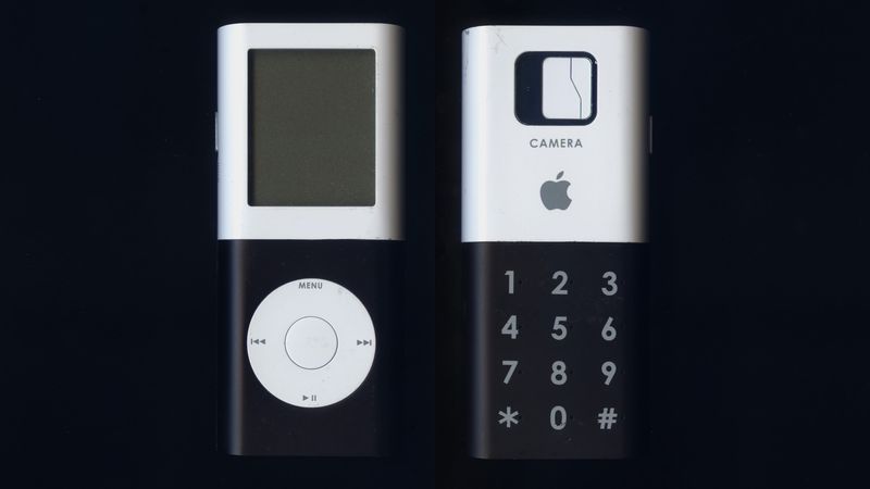 A so-called “iPod iPhone” prototype with a click wheel that could turn into a number pad (and a built-in camera!) is showcased in this photograph provided by Tony Fadell, Apple