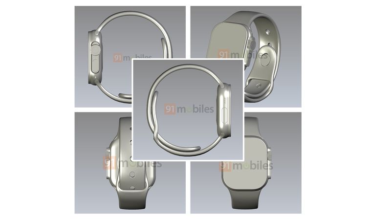 CAD renderings of Apple Watch Pro revealing a lefthand side physical button, a flat screen design and a protrusion on the right housing the Digital Crown and Side buttons