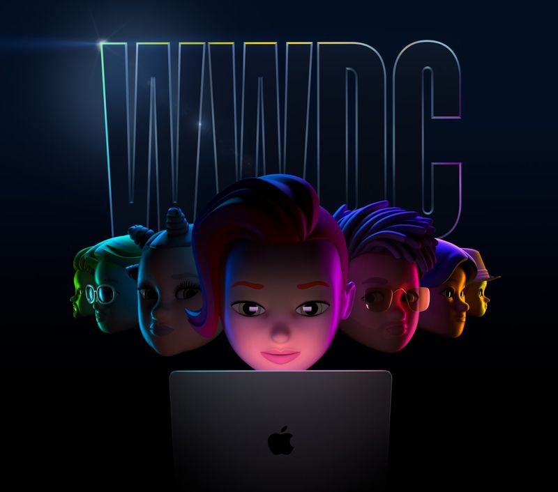 Marketing image showing developer Memojis gathered around a notebook, set against a dark background with 