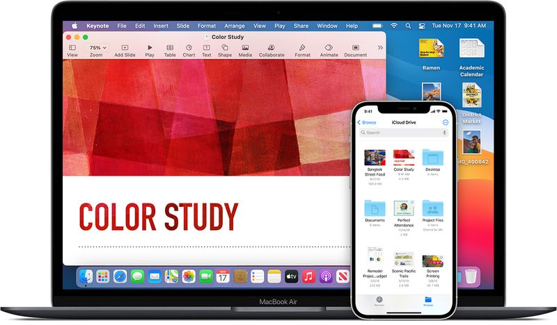 A promotional image showing Pages on a MacBook Air along with iCloud Drive on an iPhone 12.