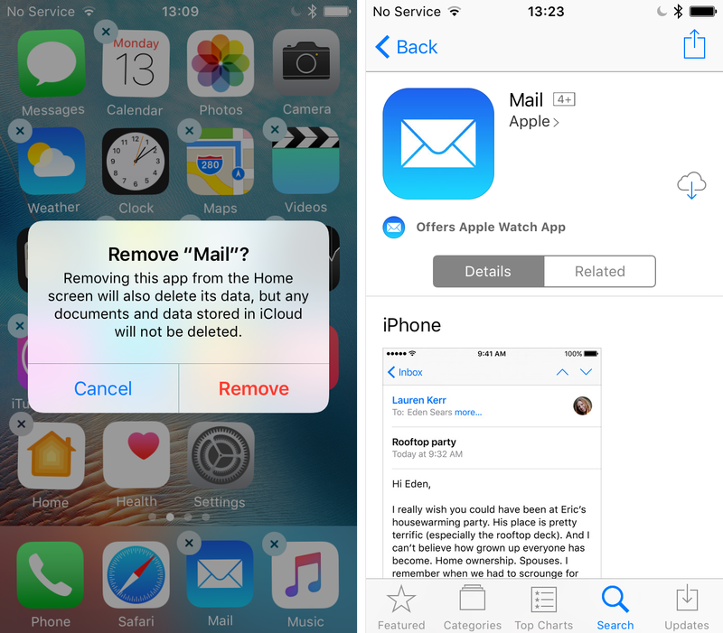 Delete install stock mail ios 10