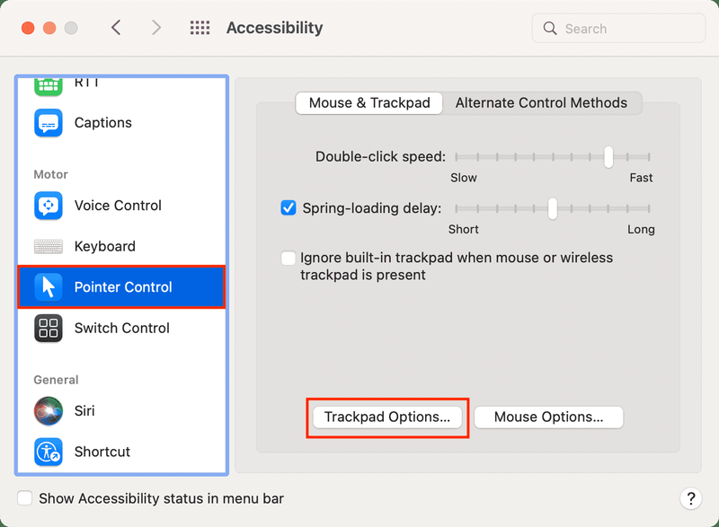 Options du pavé tactile dans les paramètres de contrôle du pointeur Mac