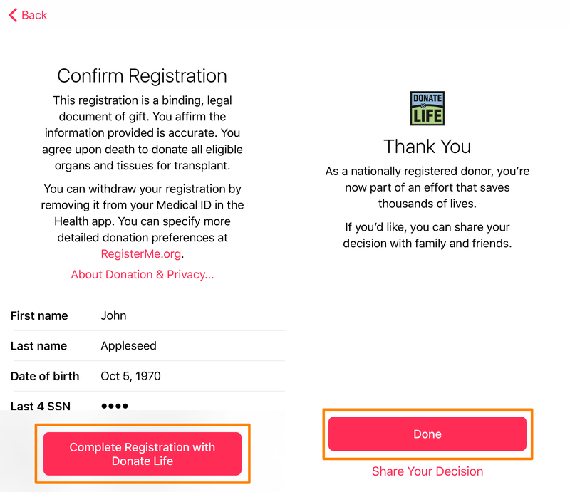 Health App Organ Donation Confirmation