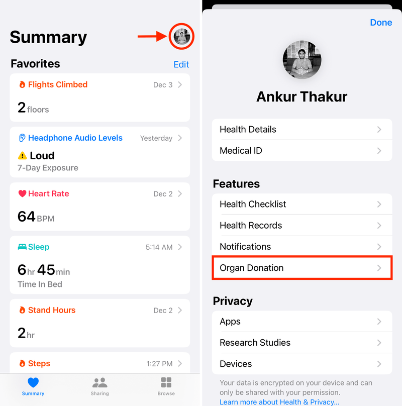 Organ Donation in iPhone Health app