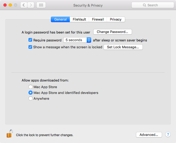 OS X El Capitan System Preferences Securtiy and Privacy Allow apps downloaded from Mac App Store and identified developers promprt Mac screenshot 001