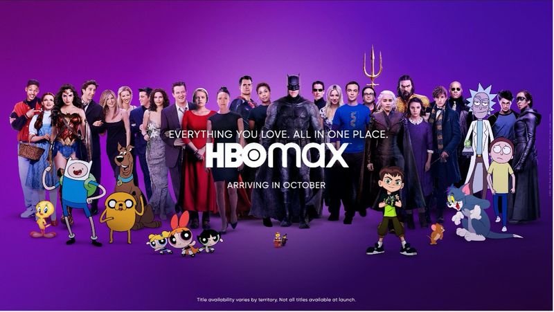 Promotional graphics showing characters from WarnerMedia and HBO Max properties, set against a purple gradient background