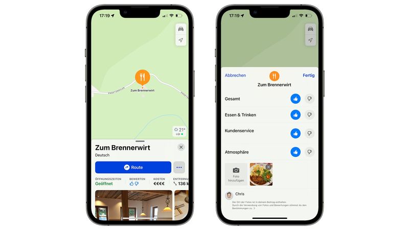 Two iPhone device screenshots showcasing native Apple Maps ratings for a restaurant in Germany