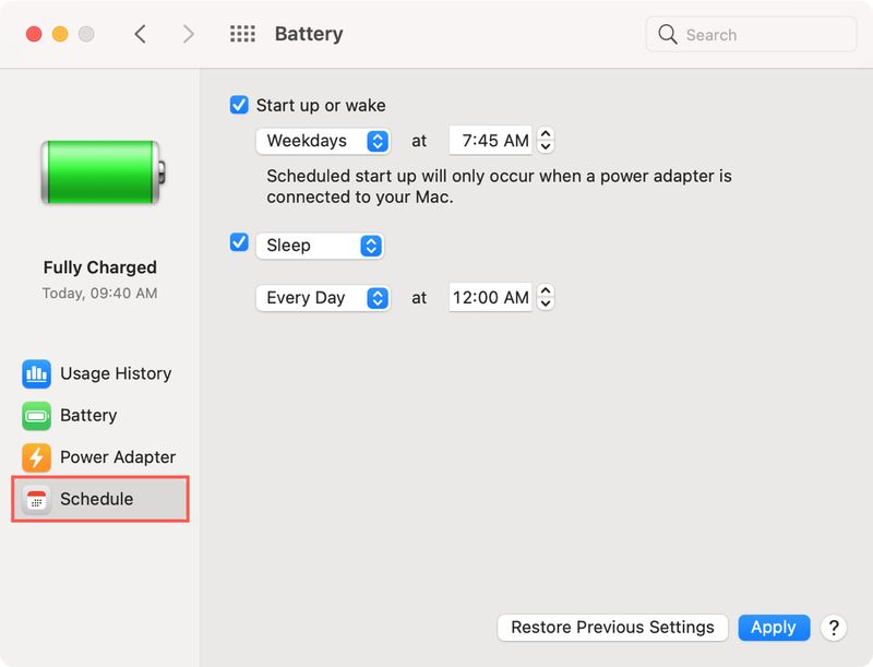 Batterie, Planification sur Mac