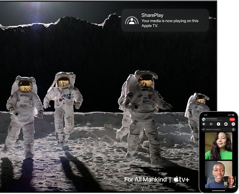 Une image promotionnelle affichant un appel vidéo FaceTime sur un iPhone avec SharePlay sur Apple TV