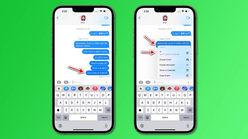 Two iPhone screenshots of the Messages app in iOS 16, one showing a text saying 