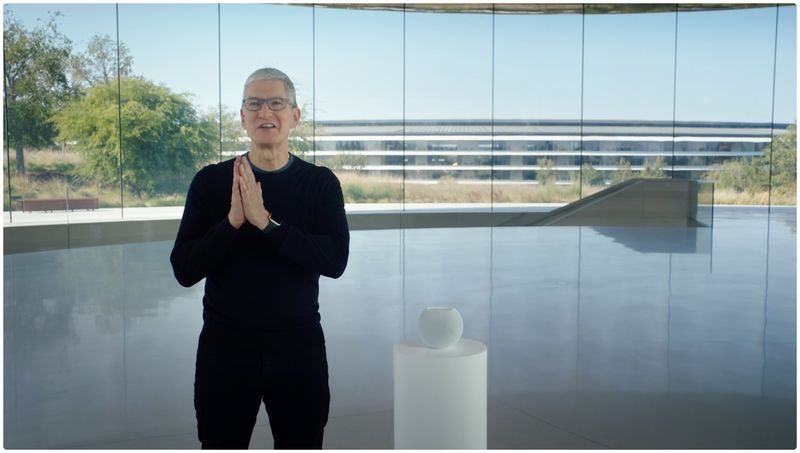 Tim Cook inside in a hallway of the Apple Park headquarters