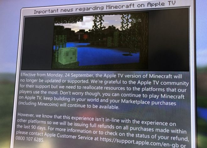 Minecraft Apple TV - a message informing players of support ending on September 24, 2018