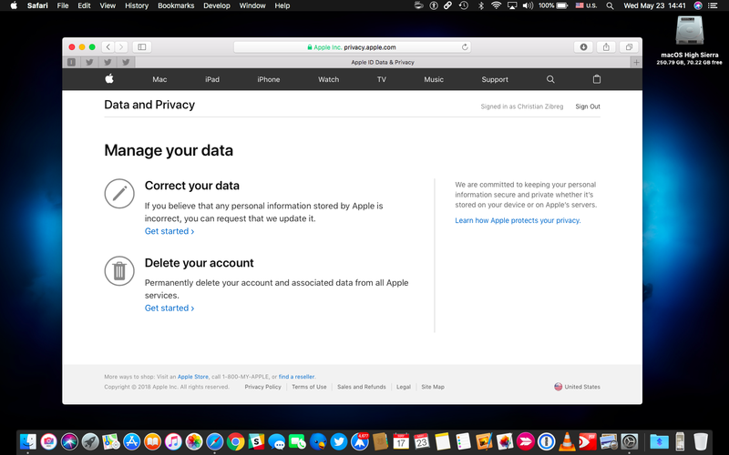 apple Data & Privacy website limited options screenshot