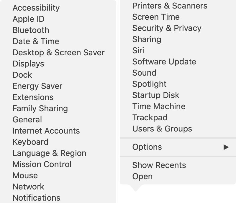 System Preferences Dock Icon Shortcut Menu