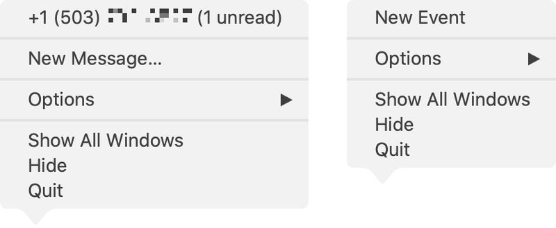 Messages and Calendar Dock Icon Shortcut Menu