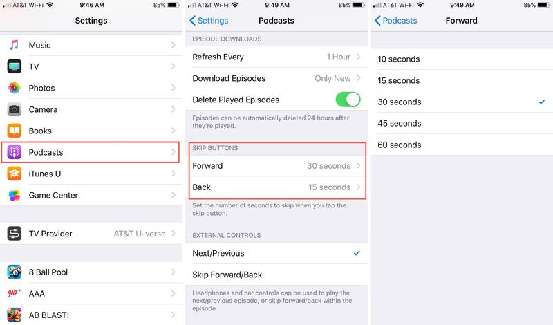 Change Skip Seconds Podcasts iPhone