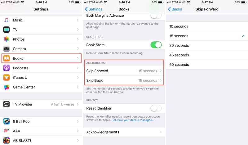 Change Skip Seconds Books iPhone