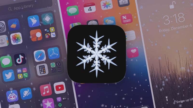 Snoverlay raining snowflakes over the Home Screen of an iPhone.