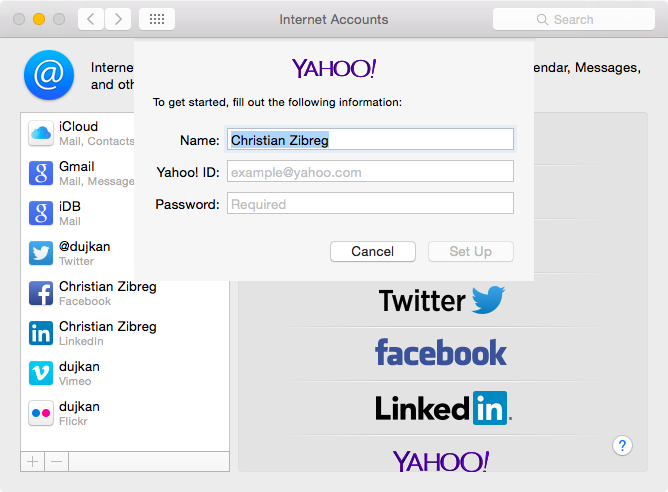 OS X Yosemite System Preferences add Yahoo Account