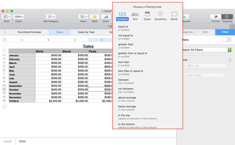 Numbers Mac Choisissez une règle de filtrage