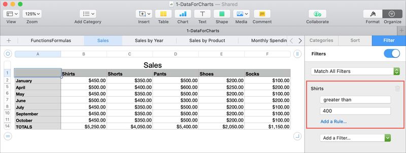 Numbers Mac Créer une règle de filtrage