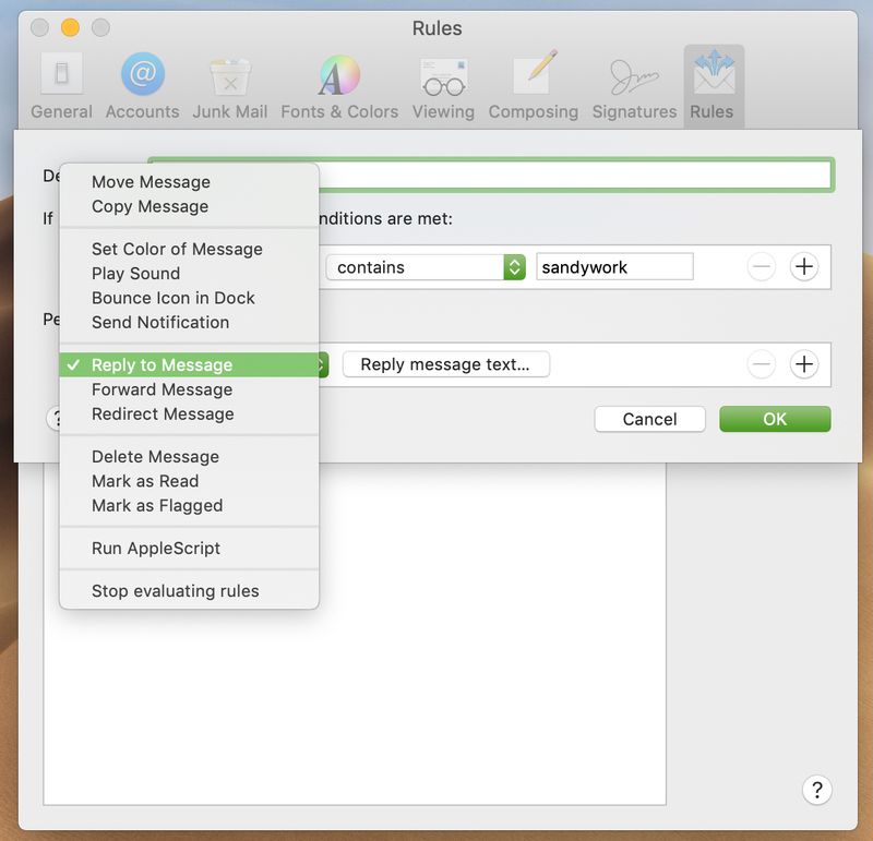 Actions for Rule in Mail app