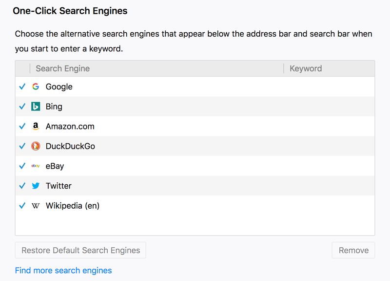 Moteurs de recherche installés sur Firefox