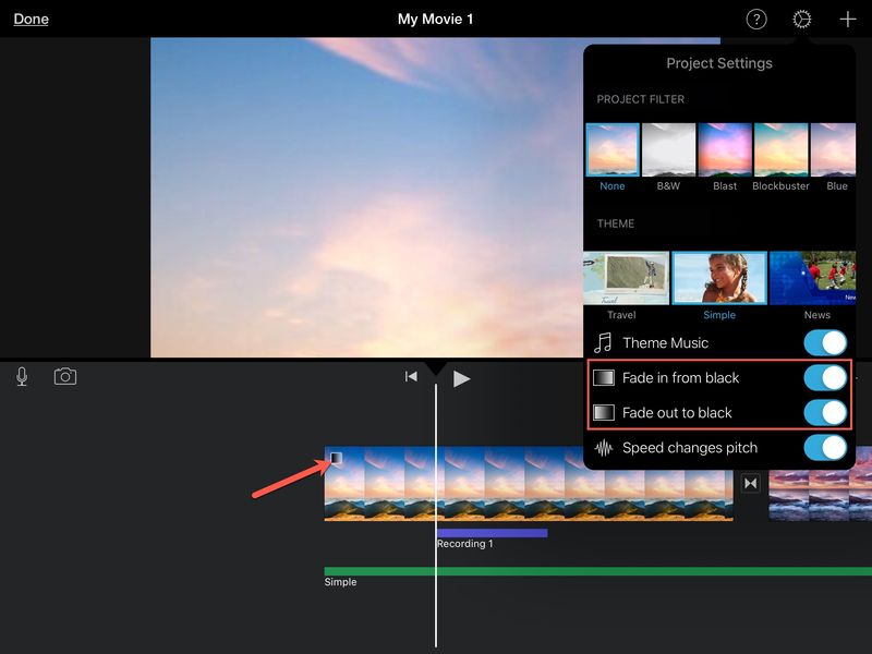 Fondu vers le noir iMovie iPad